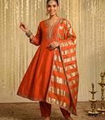 Orange silk blend embroidered anarkali set