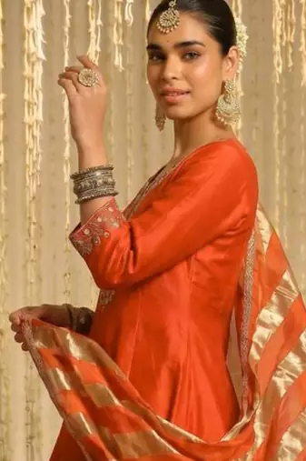 Orange silk blend embroidered anarkali set