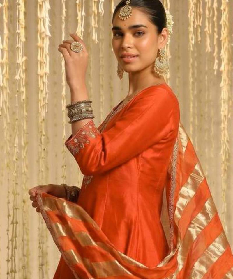 Orange silk blend embroidered anarkali set