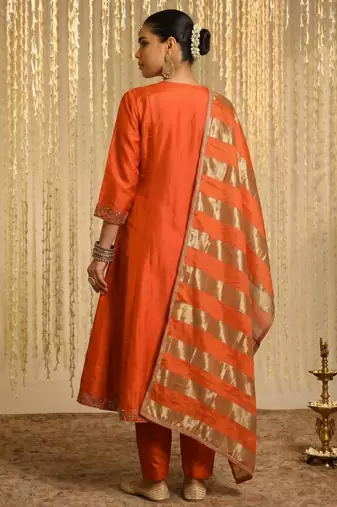 Orange silk blend embroidered anarkali set