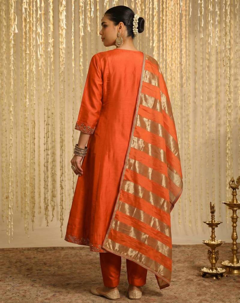 Orange silk blend embroidered anarkali set
