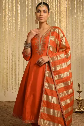 Orange silk blend embroidered anarkali set