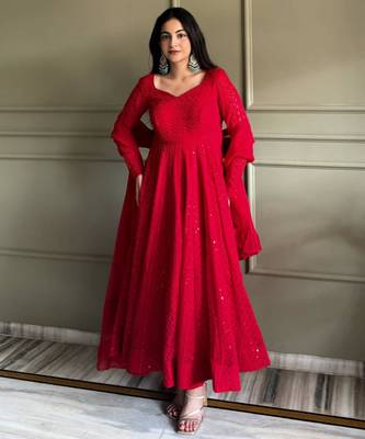 Red georgette embroidered anarkali set 1