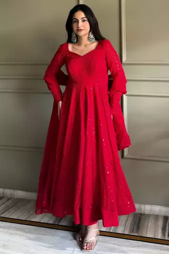 Red georgette embroidered anarkali set