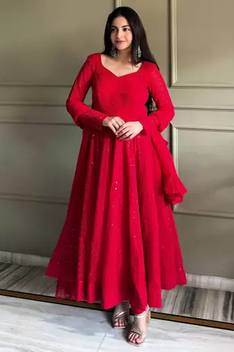 Red georgette embroidered anarkali set