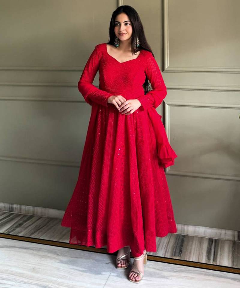 Red georgette embroidered anarkali set