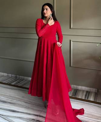 Red georgette embroidered anarkali set 4