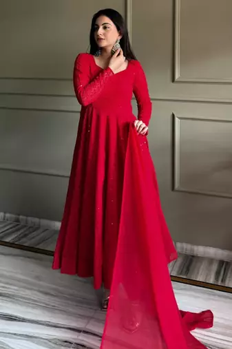 Red georgette embroidered anarkali set
