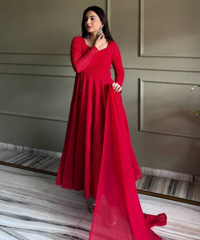 Red georgette embroidered anarkali set