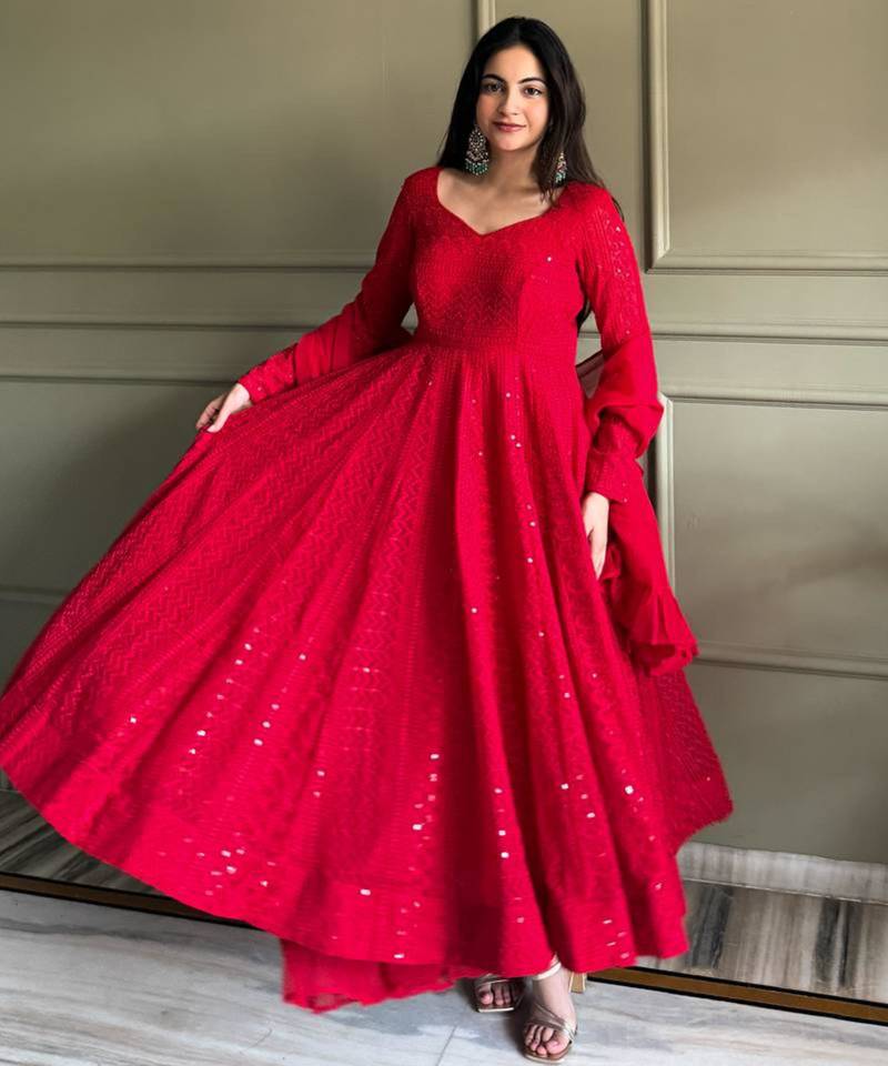 Red georgette embroidered anarkali set