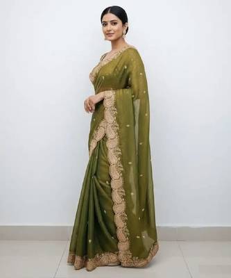 Mehendi green color fndy satin dual shade embroidered work saree 1