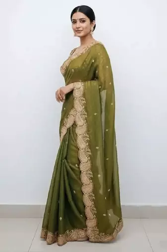 Mehendi green color fndy satin dual shade embroidered work saree