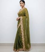 Mehendi green color fndy satin dual shade embroidered work saree