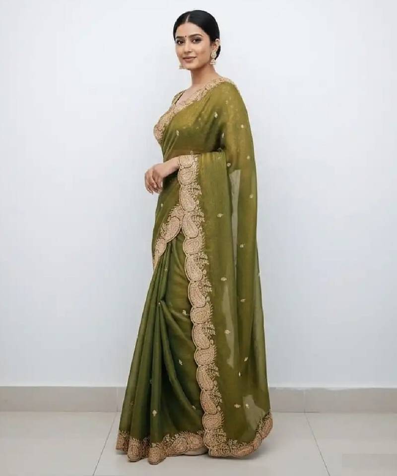 Mehendi green color fndy satin dual shade embroidered work saree