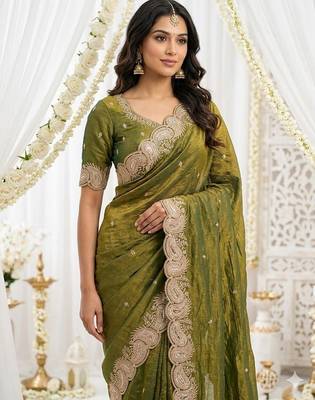 Mehendi green color fndy satin dual shade embroidered work saree 2