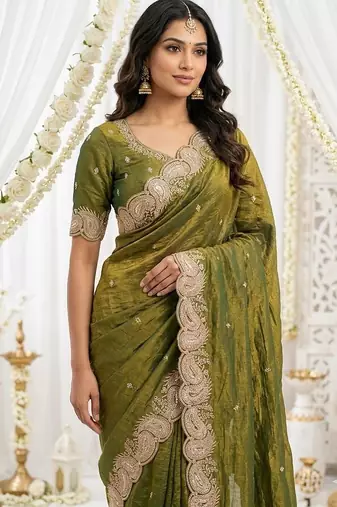 Mehendi green color fndy satin dual shade embroidered work saree