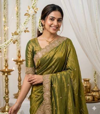 Mehendi green color fndy satin dual shade embroidered work saree 3