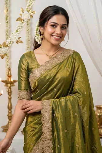 Mehendi green color fndy satin dual shade embroidered work saree
