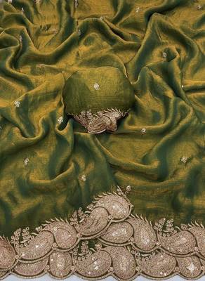 Mehendi green color fndy satin dual shade embroidered work saree 4