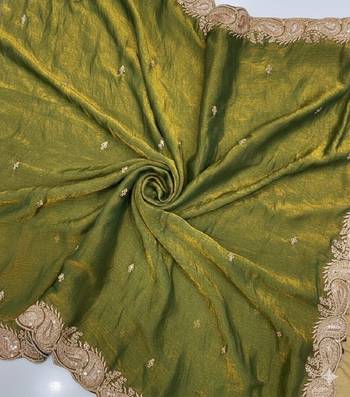 Mehendi green color fndy satin dual shade embroidered work saree 5