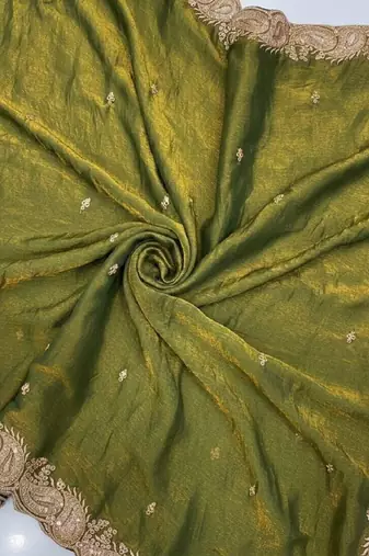 Mehendi green color fndy satin dual shade embroidered work saree