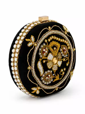 Black Zardozi Embroidered Round Clutch Bag with Gold & Pearl Detail 1