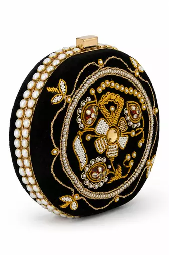 Black Zardozi Embroidered Round Clutch Bag with Gold & Pearl Detail