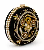 Black Zardozi Embroidered Round Clutch Bag with Gold & Pearl Detail