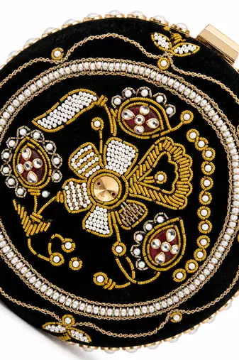 Black Zardozi Embroidered Round Clutch Bag with Gold & Pearl Detail