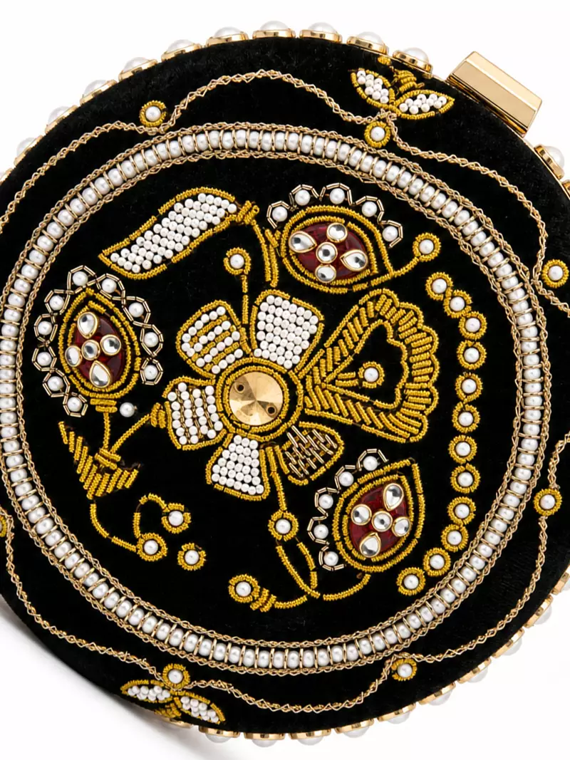 Black Zardozi Embroidered Round Clutch Bag with Gold & Pearl Detail
