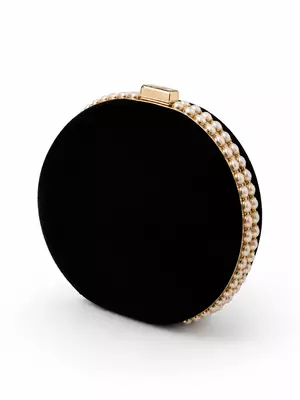 Black Zardozi Embroidered Round Clutch Bag with Gold & Pearl Detail 3