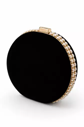 Black Zardozi Embroidered Round Clutch Bag with Gold & Pearl Detail