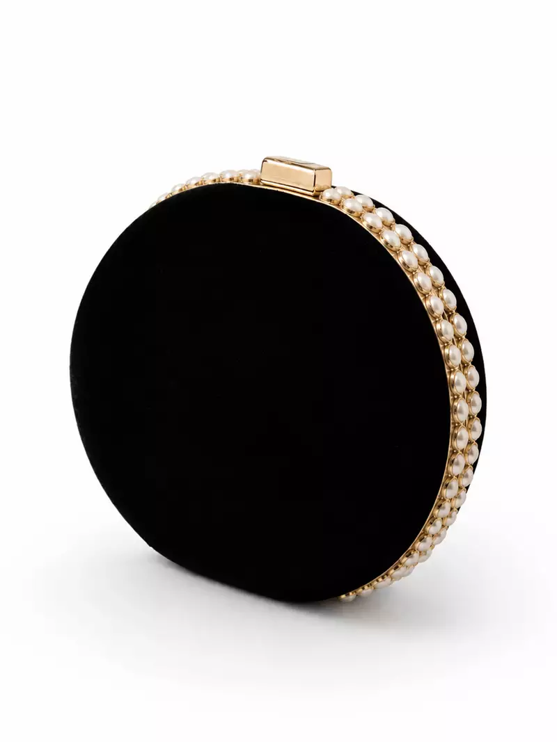Black Zardozi Embroidered Round Clutch Bag with Gold & Pearl Detail