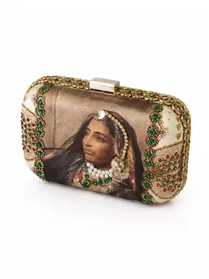 Maharani Portrait Embellished Clutch Bag with Pearl & Green Stone Detail 1
