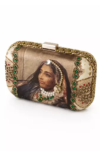 Maharani Portrait Embellished Clutch Bag with Pearl & Green Stone Detail