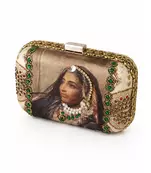 Maharani Portrait Embellished Clutch Bag with Pearl & Green Stone Detail