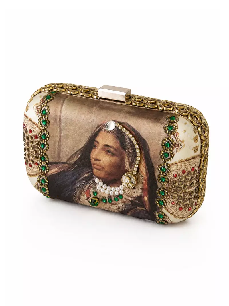Maharani Portrait Embellished Clutch Bag with Pearl & Green Stone Detail