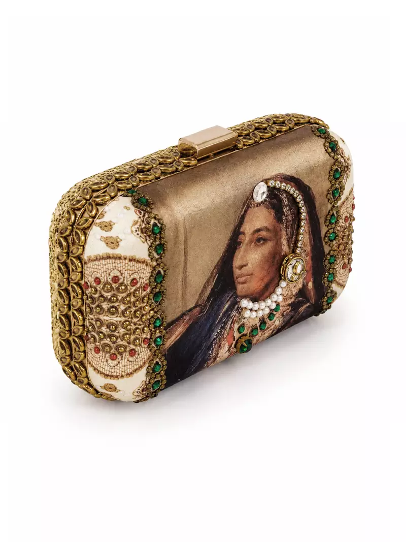Maharani Portrait Embellished Clutch Bag with Pearl & Green Stone Detail