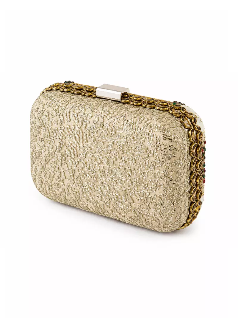 Maharani Portrait Embellished Clutch Bag with Pearl & Green Stone Detail