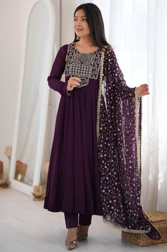 Wine premium fox georgette anarkali pant dupatta set