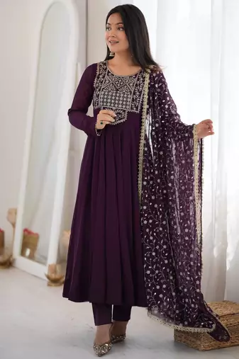 Wine premium fox georgette anarkali pant dupatta set
