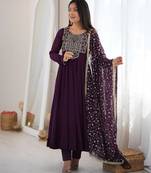 Wine premium fox georgette anarkali pant dupatta set