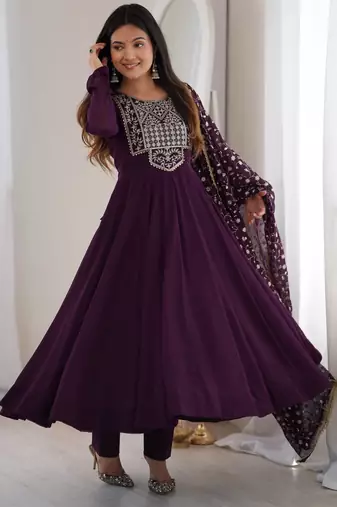 Wine premium fox georgette anarkali pant dupatta set