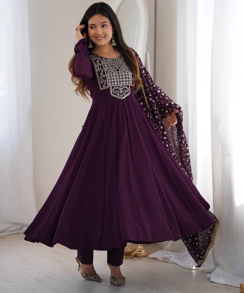 Wine premium fox georgette anarkali pant dupatta set