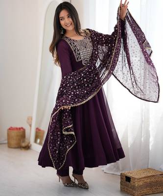 Wine premium fox georgette anarkali pant dupatta set 3