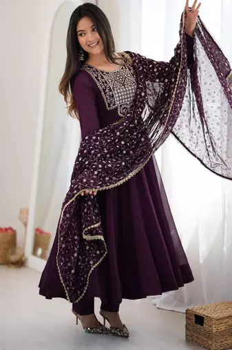 Wine premium fox georgette anarkali pant dupatta set