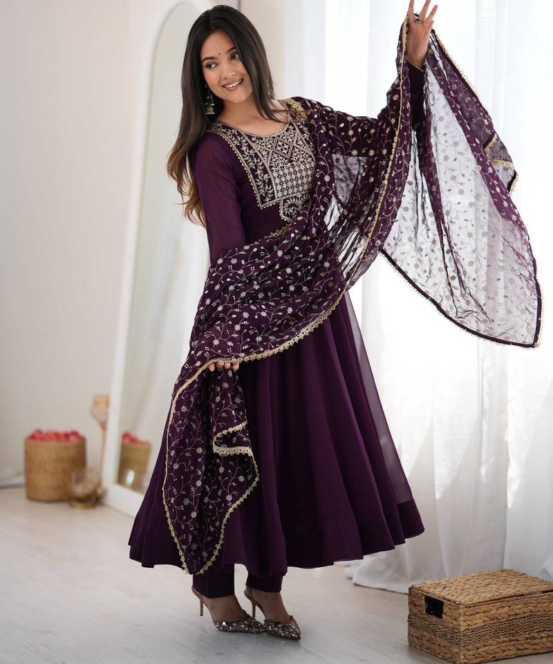Wine premium fox georgette anarkali pant dupatta set