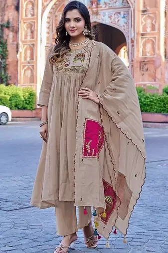 Royal Beige Embroidered Pakistani Suit with Designer Dupatta