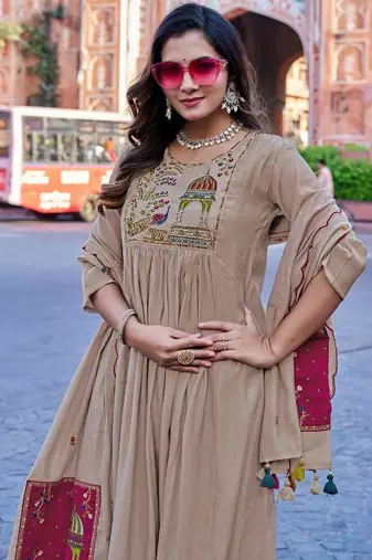 Royal Beige Embroidered Pakistani Suit with Designer Dupatta