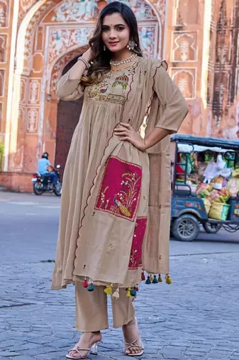 Royal Beige Embroidered Pakistani Suit with Designer Dupatta